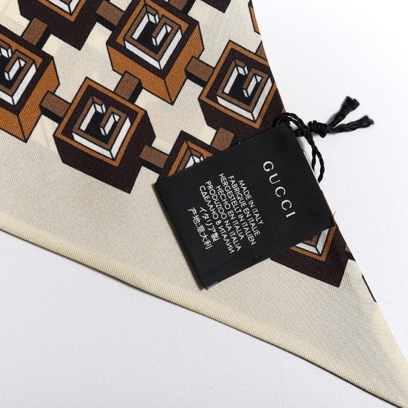 Gucci Silk Geometric G Print Neck Bow Scarf Brown Twilly - Picture 6 of 6